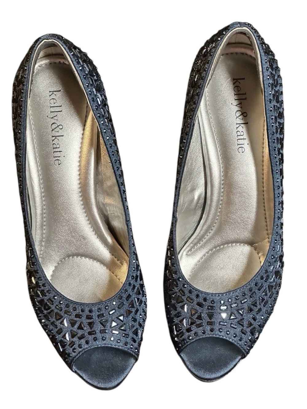 Kelly & Katie Black Peep-Toe Laser Cut Flats with Rhinestone Accents
